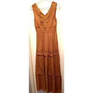 Rebellion Again Ruffled Boho Lace Maxi Dress Women Size XS Rust V-Neck Lined